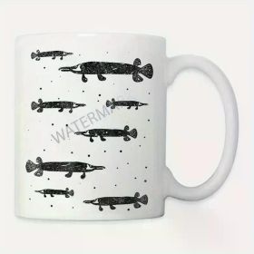 11oz Ceramic Coffee Mug for Fishing Enthusiasts – Unique Gar Fish Design with Black Ink Illustrations, White