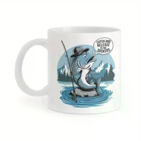 11oz Ceramic Fishing Coffee Mug for Men – Funny "Catch and Release" Design with Jumping Fish Illustration – Perfect