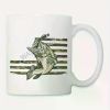 11oz American Flag Fishing Camo Ceramic Coffee Mug - White with Brown, Green & Black Striped Design, Perfect for