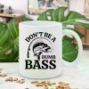 Funny "Don't Be A Dumb Bass" Fishing Mug - 11oz White Ceramic Coffee Cup with Double-Sided Fish Illustration, Ideal