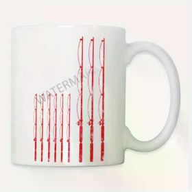 Patriotic Fishing Rod Ceramic Coffee Mug 11oz – Vintage American Flag Design, Red & White Watercolor Art, Perfect