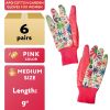 Floral Gardening Gloves for Women, Medium 9" Long, 6 Pairs of Pink Women's Gardening Gloves with Knit Wrist, Bright Print, Delicate Cotton Work Gloves