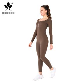 Square Collar Chest Short Zipper Jumpsuit (Option: Brown-M)