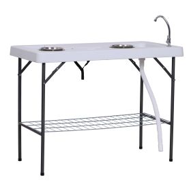 Outsunny Folding Fish Cleaning Table with Sink, Portable Camping Table with Faucet Drainage Hose, Grid Rack and Fish Cleaning Kit for Picnic, Fishing (Color: as Pic)